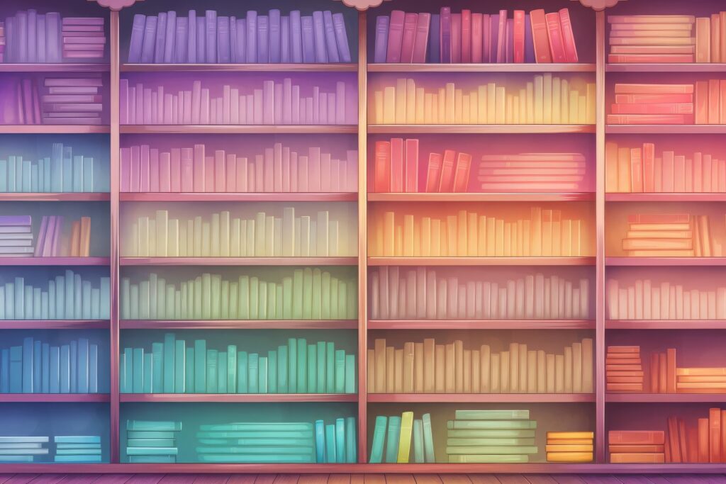 Colourful, gradient bookshelves filled with books, creating a rainbow effect in this vibrant library art illustration.