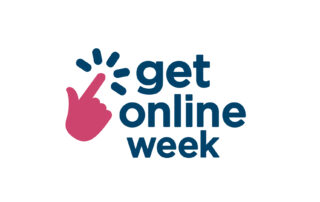 A flyer for Get Online Week, written in blue text on a white background, with a pink hand graphic pressing a button