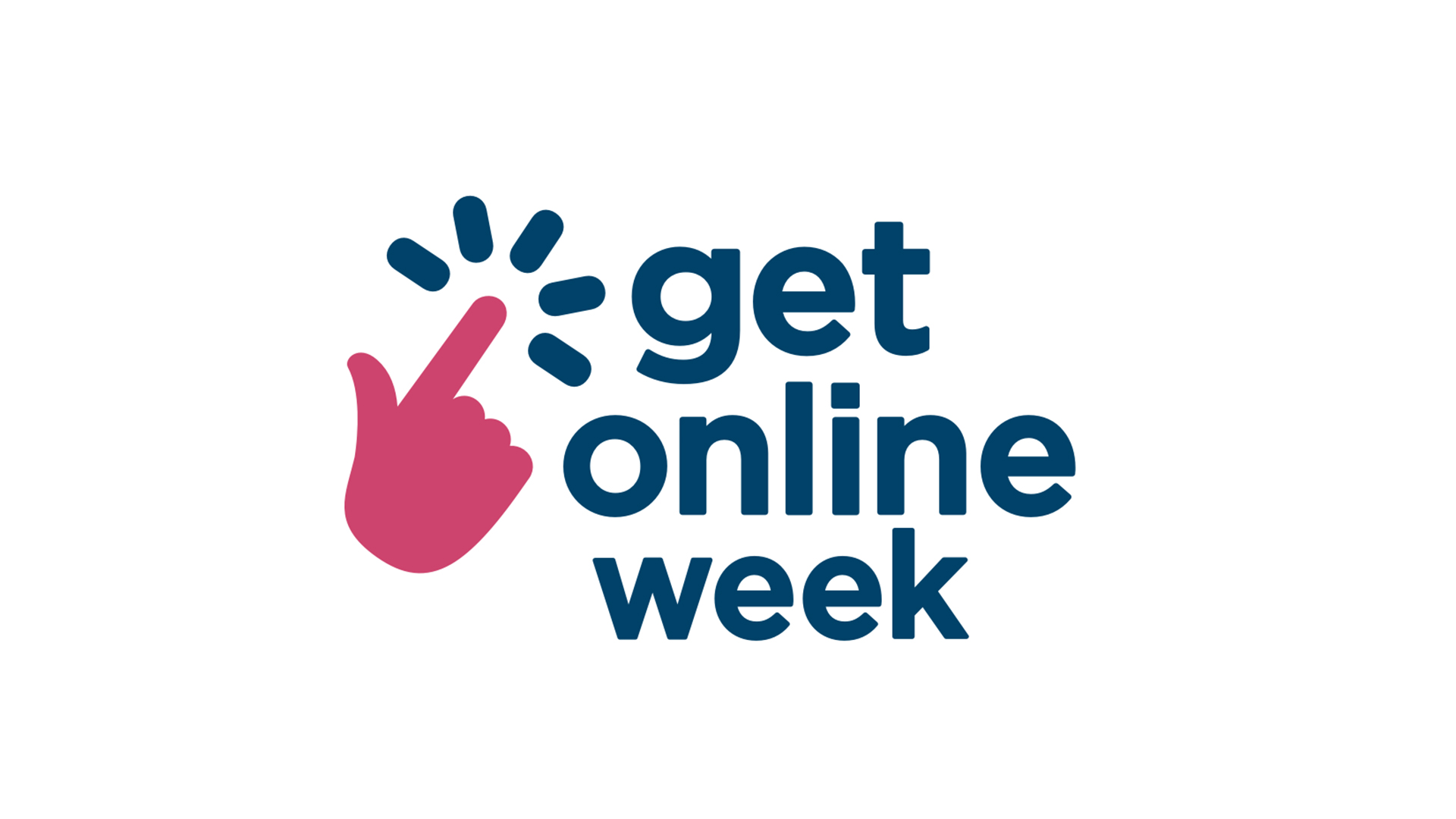 A flyer for Get Online Week, written in blue text on a white background, with a pink hand graphic pressing a button