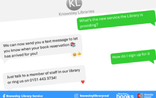 Flyer showing text message exchange promoting Knowsley Library Service's text message notification service.