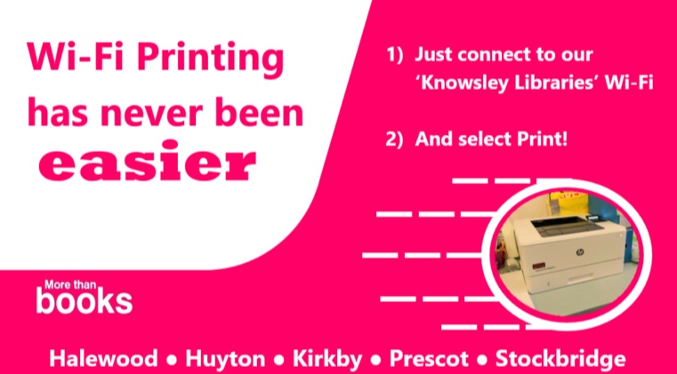 Flyer promoting Knowsley Library's wireless printing service