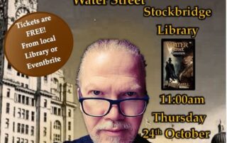 Poster advertising JP Maxwell author event at Stockbridge Library, showing authors face and front cover of his book Water Street