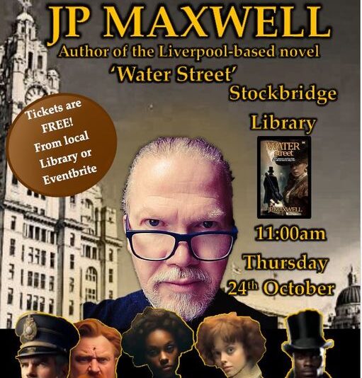 Poster advertising JP Maxwell author event at Stockbridge Library, showing authors face and front cover of his book Water Street